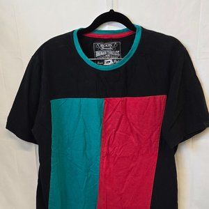 Broken Threads T-shirt, size XL, black with green and red blocking, 100% cotton